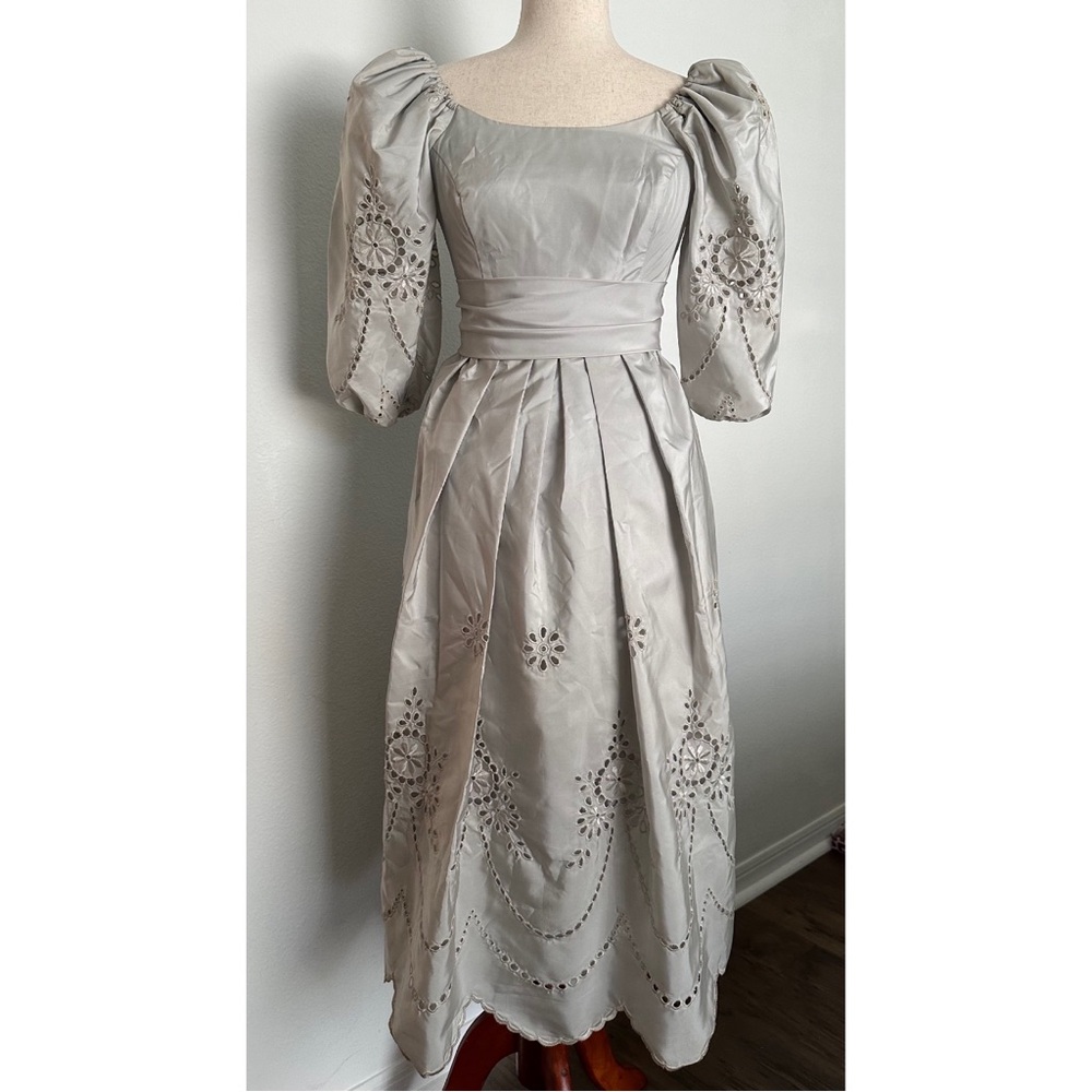 Vintage Puffed Sleeve Silver Eyelet Dress XS